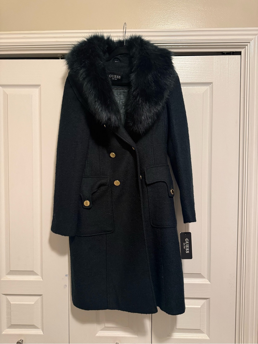 GUESS Green Wool-Blend Pea Coat with Faux Fur Collar
